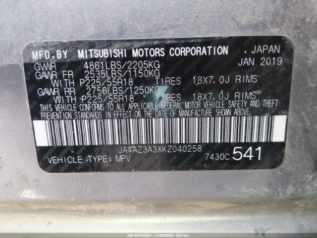 2019 MITSUBISHI OUTLANDER JA4AZ3A3XKZ040258 Photo 8