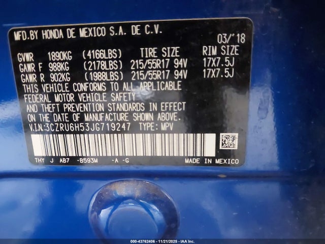 3CZRU6H53JG719247 Honda HR-V EX
