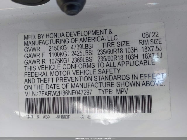 7FARW2H86NE047297 Honda Cr-v Awd Ex-l