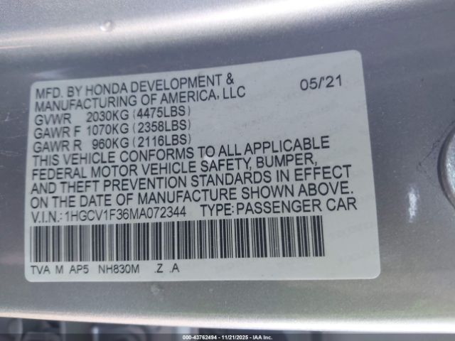 2021 HONDA ACCORD 1HGCV1F36MA072344 Photo 8