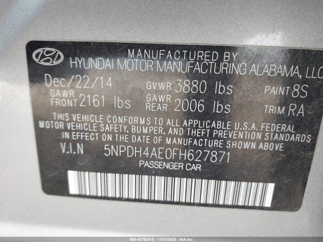5NPDH4AE0FH627871 Hyundai ELANTRA SE
