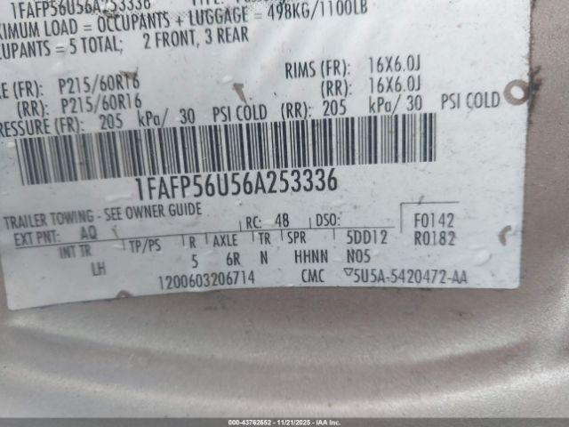 2006 FORD TAURUS 1FAFP56U56A253336 Photo 8