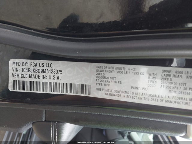Aukcja sprzedaży 2021 Jeep Grand Cherokee L Limited 4x4, vin: 1C4RJKBG9M8128075, numer aukcji: 43762724