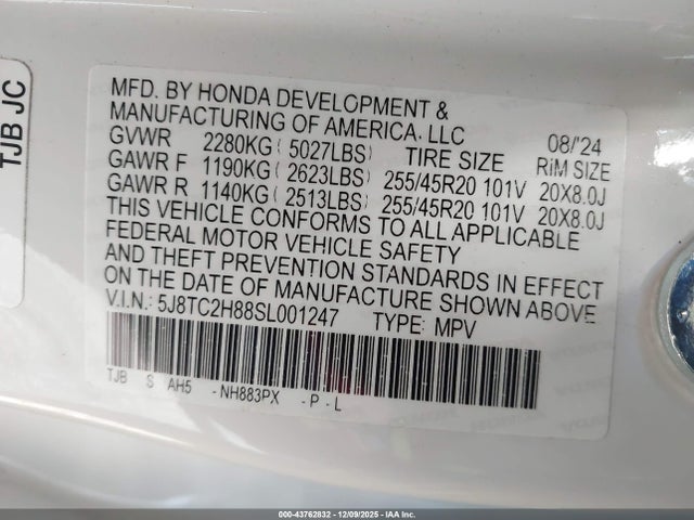43762832 :رقم المزاد ، 5J8TC2H88SL001247 vin ، 2025 Acura Rdx A-spec Advance Package مزاد بيع