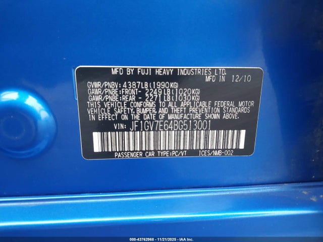 2011 Subaru Impreza Wrx მანქანა იყიდება აუქციონზე, vin: JF1GV7E64BG513001, აუქციონის ნომერი: 43762968