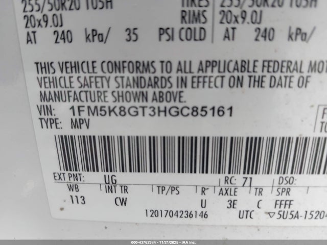 1FM5K8GT3HGC85161 Ford EXPLORER SPORT