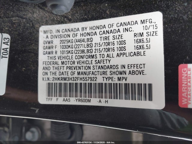2015 Honda Cr-v Lx მანქანა იყიდება აუქციონზე, vin: 2HKRM3H32FH557922, აუქციონის ნომერი: 43763134