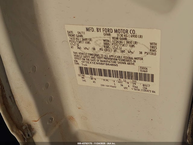 Aukcja sprzedaży 2011 Ford F-150 Xl, vin: 1FTEX1EM5BFB64895, numer aukcji: 43763175