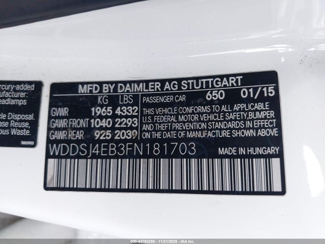 Продаж на аукціоні авто 2015 Mercedes-benz Cla 250, vin: WDDSJ4EB3FN181703, номер лоту: 43763250