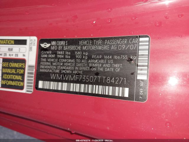 2007 MINI COOPER S WMWMF73507TT84271 Photo 8
