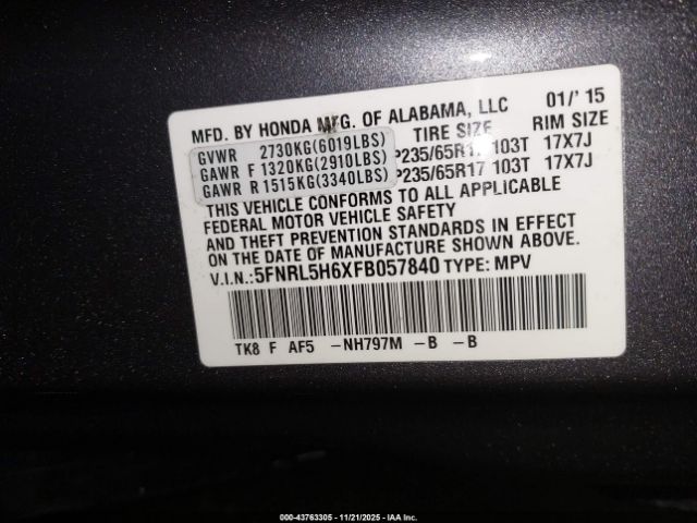 2015 HONDA ODYSSEY 5FNRL5H6XFB057840 Photo 8