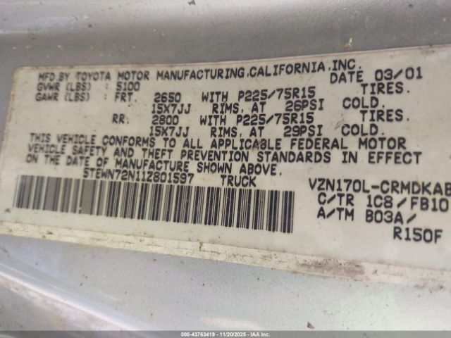 2001 TOYOTA TACOMA 5TEWN72N11Z801597 Photo 8