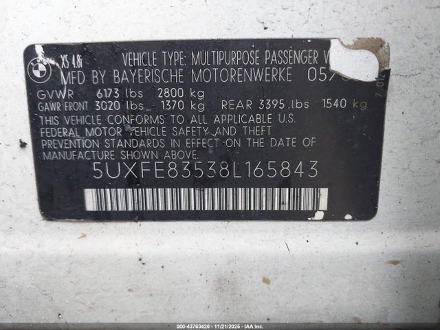2008 Bmw X5 4.8i მანქანა იყიდება აუქციონზე, vin: 5UXFE83538L165843, აუქციონის ნომერი: 43763420