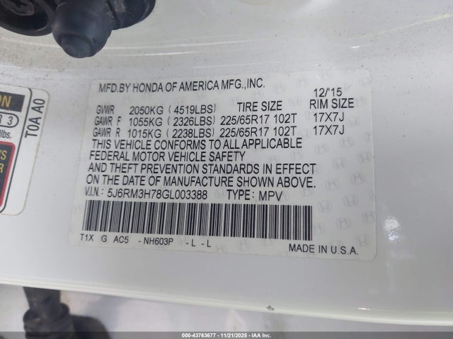Honda Cr-v Ex-l 2016 5J6RM3H78GL003388 Image 9