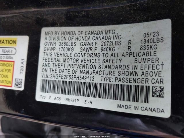 2023 HONDA CIVIC 2HGFE2F53PH549113 Photo 8