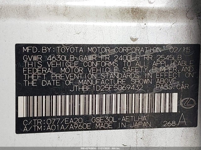 Продажа на аукционе авто 2015 Lexus Is 250, vin: JTHBF1D25F5069432, номер лота: 43763934