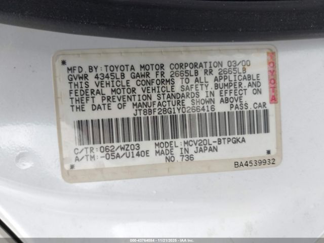 2000 LEXUS ES 300 JT8BF28G1Y0266416 Photo 8