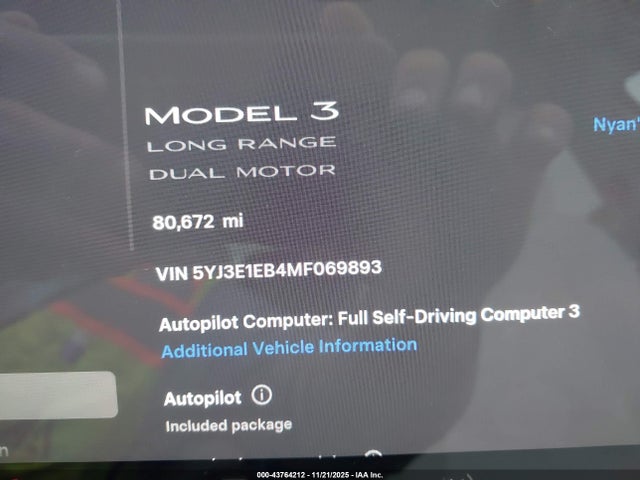 5YJ3E1EB4MF069893 Tesla Model 3 Long Range Dual Motor All-wheel Drive