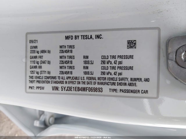5YJ3E1EB4MF069893 Tesla Model 3 Long Range Dual Motor All-wheel Drive