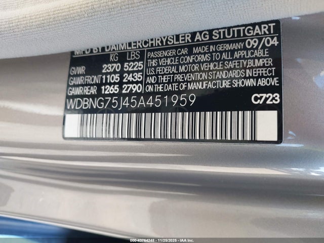 Продажа на аукционе авто 2005 Mercedes-benz S 500, vin: WDBNG75J45A451959, номер лота: 43764248