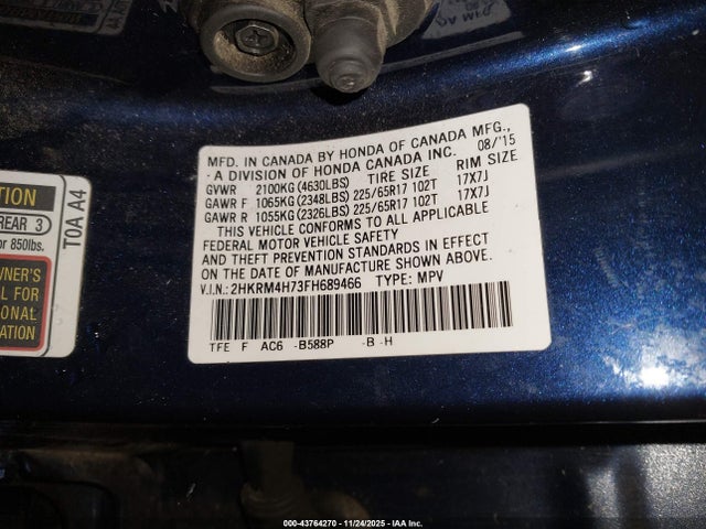 2HKRM4H73FH689466 Honda Cr-v Ex-l