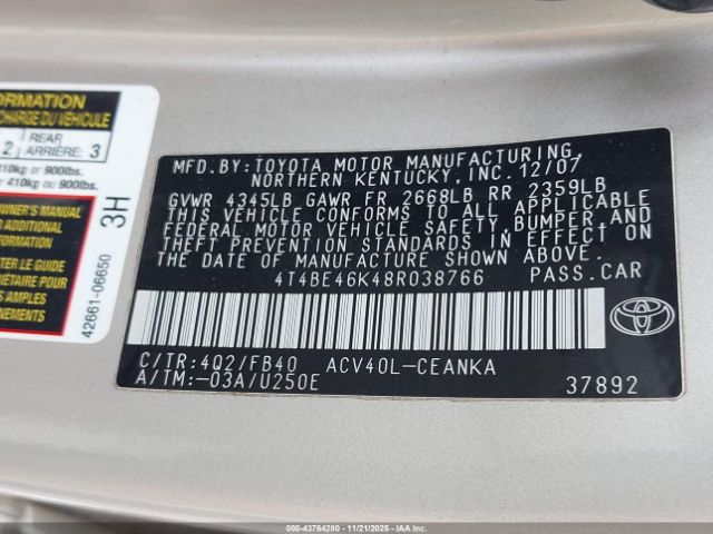 2008 TOYOTA CAMRY 4T4BE46K48R038766 Photo 8