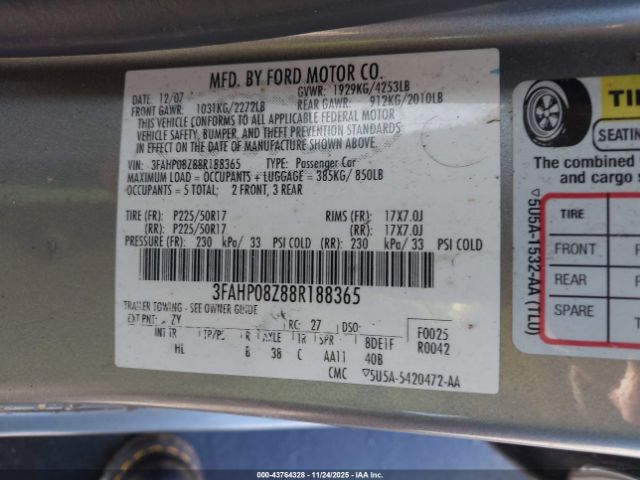 2008 FORD FUSION 3FAHP08Z88R188365 Photo 8