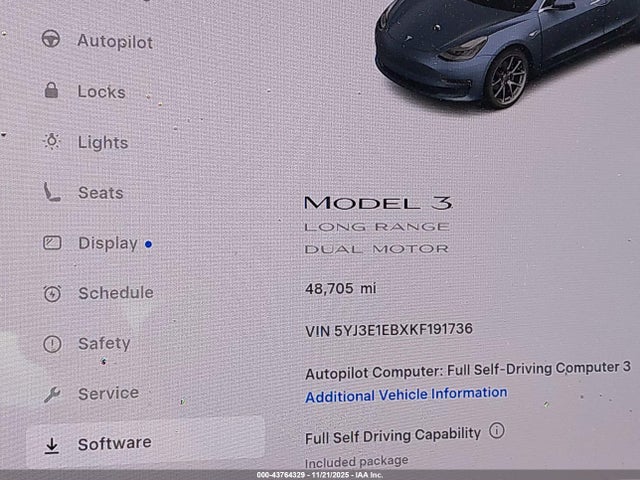 43764329 :رقم المزاد ، 5YJ3E1EBXKF191736 vin ، 2019 Tesla Model 3 Long Range/performance مزاد بيع