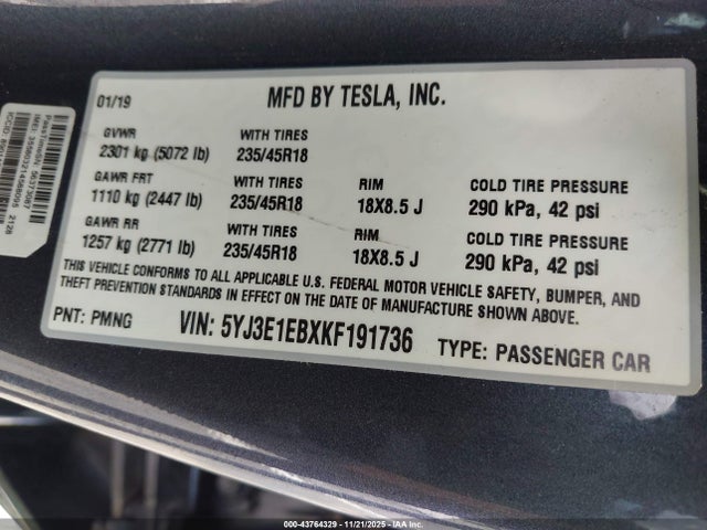 43764329 :رقم المزاد ، 5YJ3E1EBXKF191736 vin ، 2019 Tesla Model 3 Long Range/performance مزاد بيع