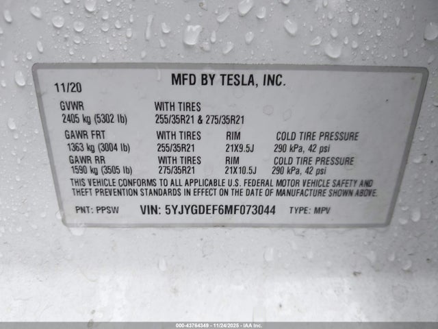 2021 TESLA MODEL Y 5YJYGDEF6MF073044 Photo 8