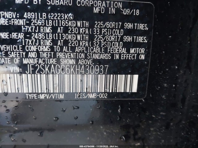 Subaru naturally aspirated u5 2019 JF2SKAGC6KH430937 Image 9