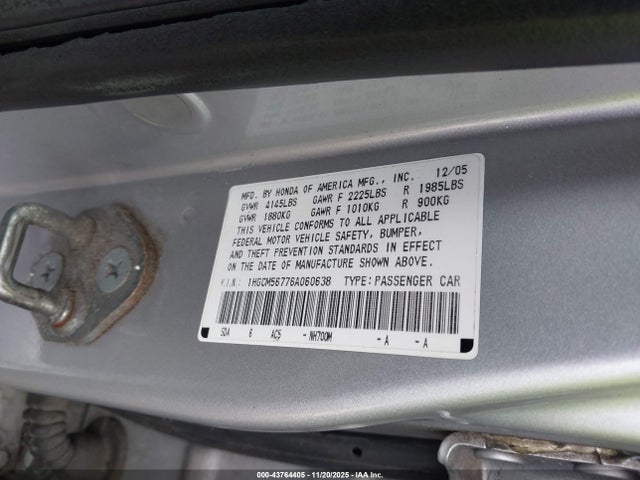 Aukcja sprzedaży 2006 Honda Accord Sdn 2.4 Ex/ex, vin: 1HGCM56776A060638, numer aukcji: 43764405