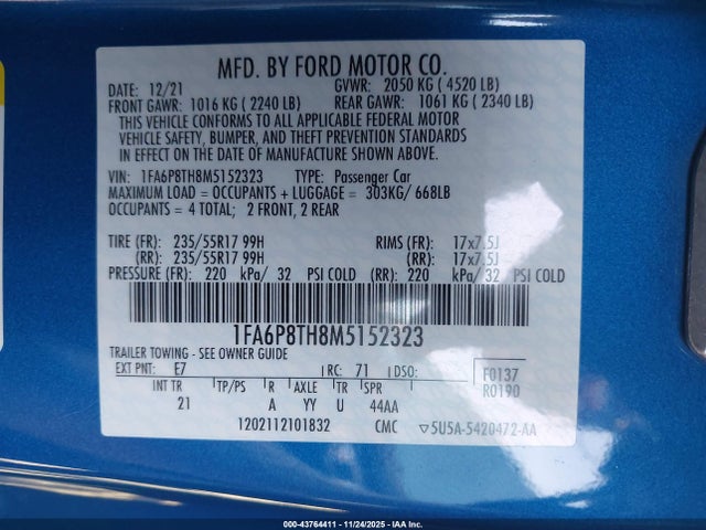 Ford Mustang Ecoboost Fastback 2021 1FA6P8TH8M5152323 Image 9