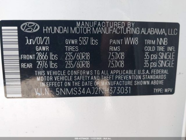 2022 HYUNDAI SANTA FE 5NMS34AJ2NH373031 Photo 8