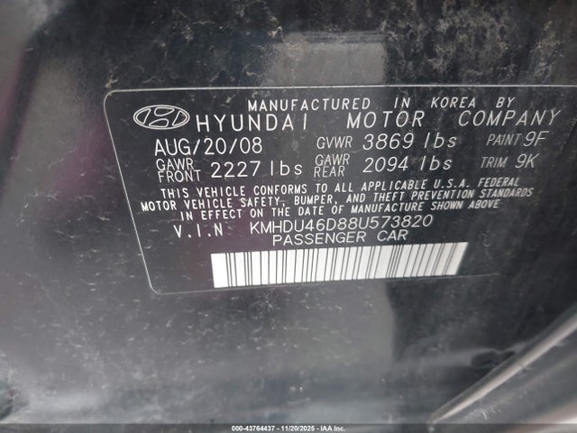 2008 HYUNDAI ELANTRA KMHDU46D88U573820 Photo 8
