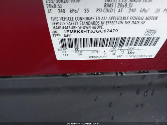 1FM5K8HT5JGC87479 Ford Explorer Platinum