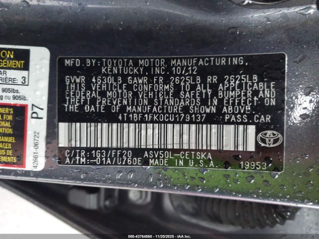 2012 TOYOTA CAMRY 4T1BF1FK0CU179137 Photo 8