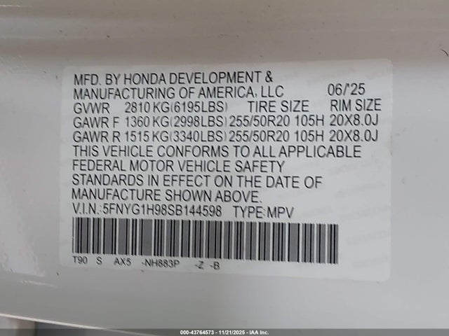 5FNYG1H98SB144598 Honda Pilot Black Edition