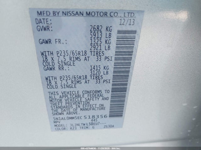 2014 Infiniti Qx60 მანქანა იყიდება აუქციონზე, vin: 5N1AL0MM5EC518356, აუქციონის ნომერი: 43764636