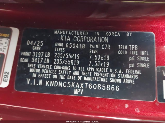 KNDNC5KAXT6085866 KIA Carnival Mpv Hybrid Ex