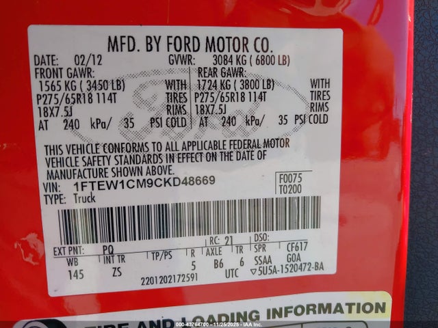 Aukcja sprzedaży 2012 Ford F-150 Xlt, vin: 1FTEW1CM9CKD48669, numer aukcji: 43764700