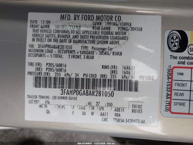 Aukcja sprzedaży 2010 Ford Fusion S, vin: 3FAHP0GA8AR281050, numer aukcji: 43764947