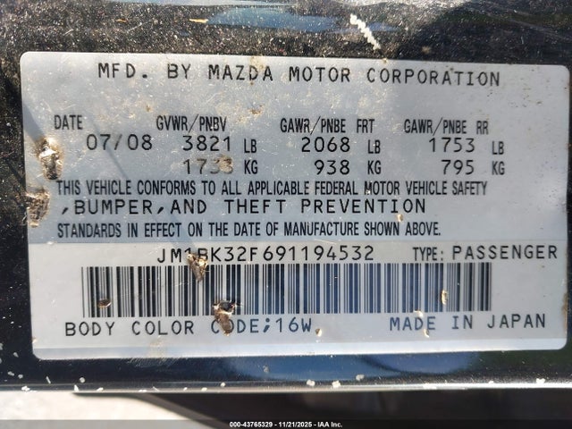 Продаж на аукціоні авто 2009 Mazda Mazda3 I, vin: JM1BK32F691194532, номер лоту: 43765329