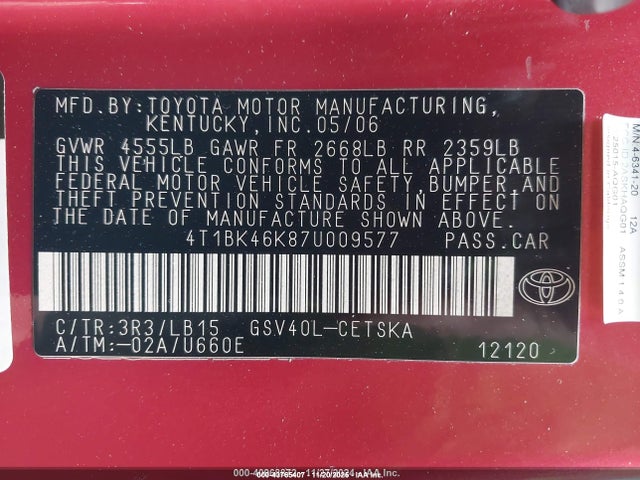Продажа на аукционе авто 2007 Toyota Camry Se V6, vin: 4T1BK46K87U009577, номер лота: 43765407