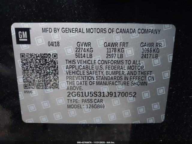 43765476 :رقم المزاد ، 2G61U5S31J9170052 vin ، 2018 Cadillac Xts W20 Livery Package مزاد بيع