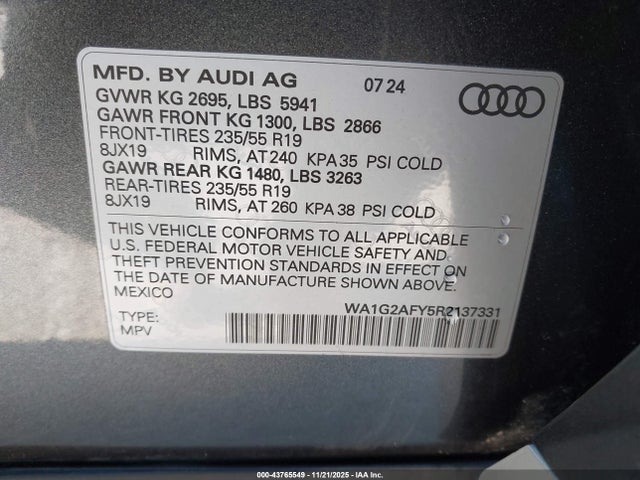Aukcja sprzedaży 2024 Audi Q5 Premium 55 Tfsi E S Line Quattro S Tronic, vin: WA1G2AFY5R2137331, numer aukcji: 43765549