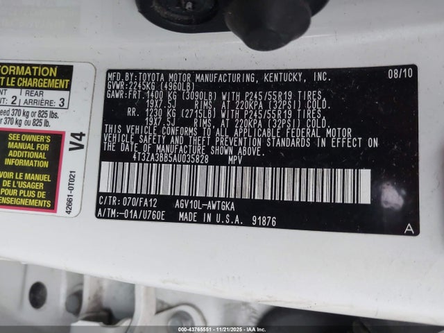 Продаж на аукціоні авто 2010 Toyota Venza, vin: 4T3ZA3BB5AU035828, номер лоту: 43765551