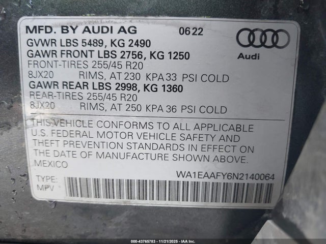 2022 AUDI Q5 WA1EAAFY6N2140064 Photo 8