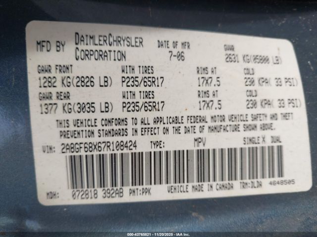 2007 CHRYSLER PACIFICA 2A8GF68X67R108424 Photo 8