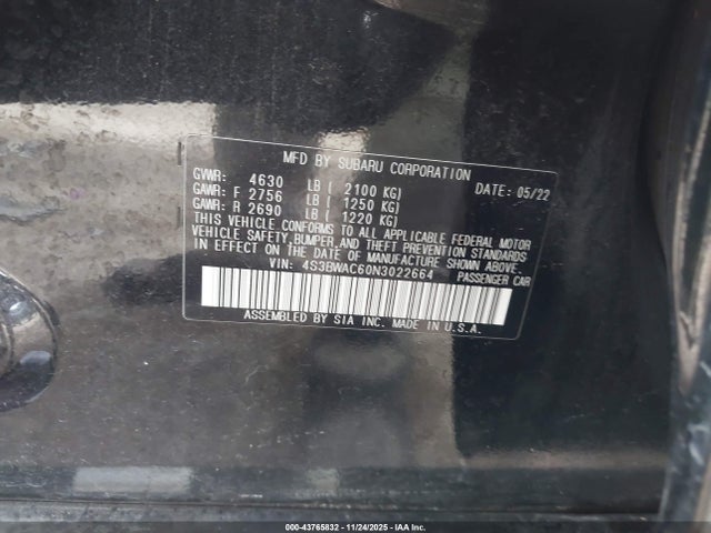 43765832 :رقم المزاد ، 4S3BWAC60N3022664 vin ، 2022 Subaru Legacy Premium مزاد بيع
